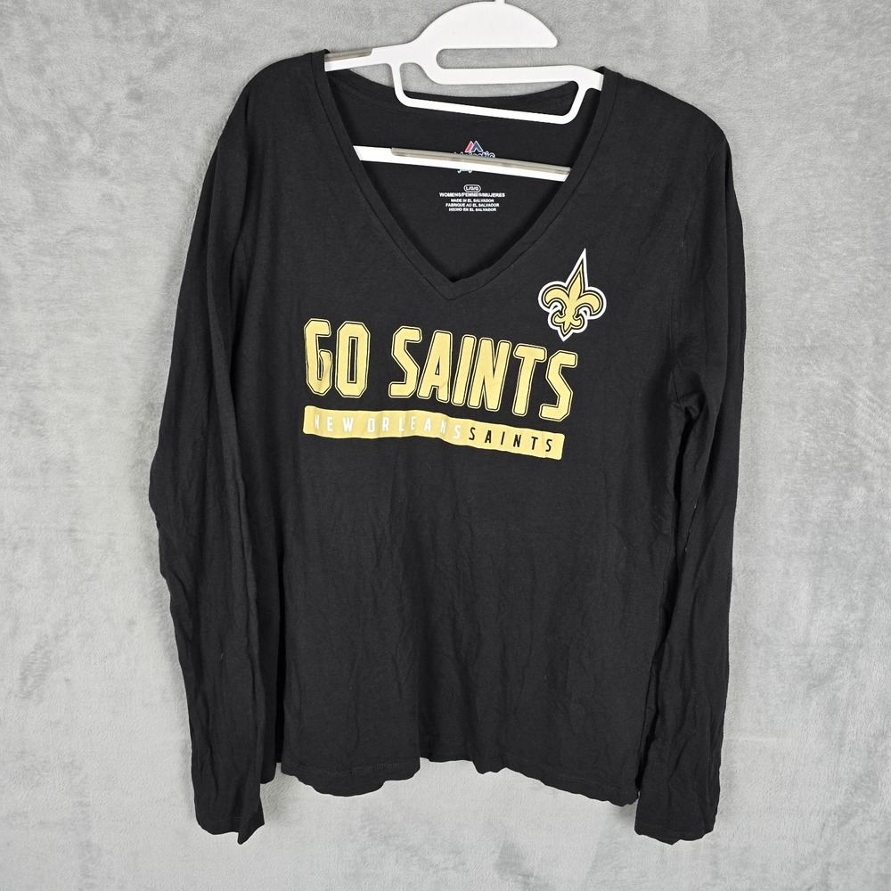 Majestic New Orleans Saints Womens Long Sleeve V-Neck T-Shirt Black Large L NFL‎